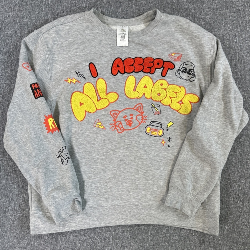 Disney I Accept All Labels Graphic Sweatshirt‎ Adult Large Gray Fleece Crewneck